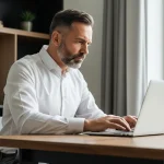 pria sedang duduk bekerja